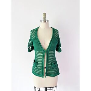 Casa Particular Cardigan Twee Anthropologie Y2K Green Crochet Pom Pom Moth